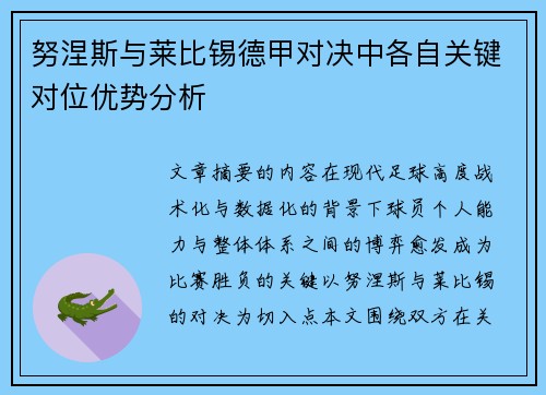 努涅斯与莱比锡德甲对决中各自关键对位优势分析